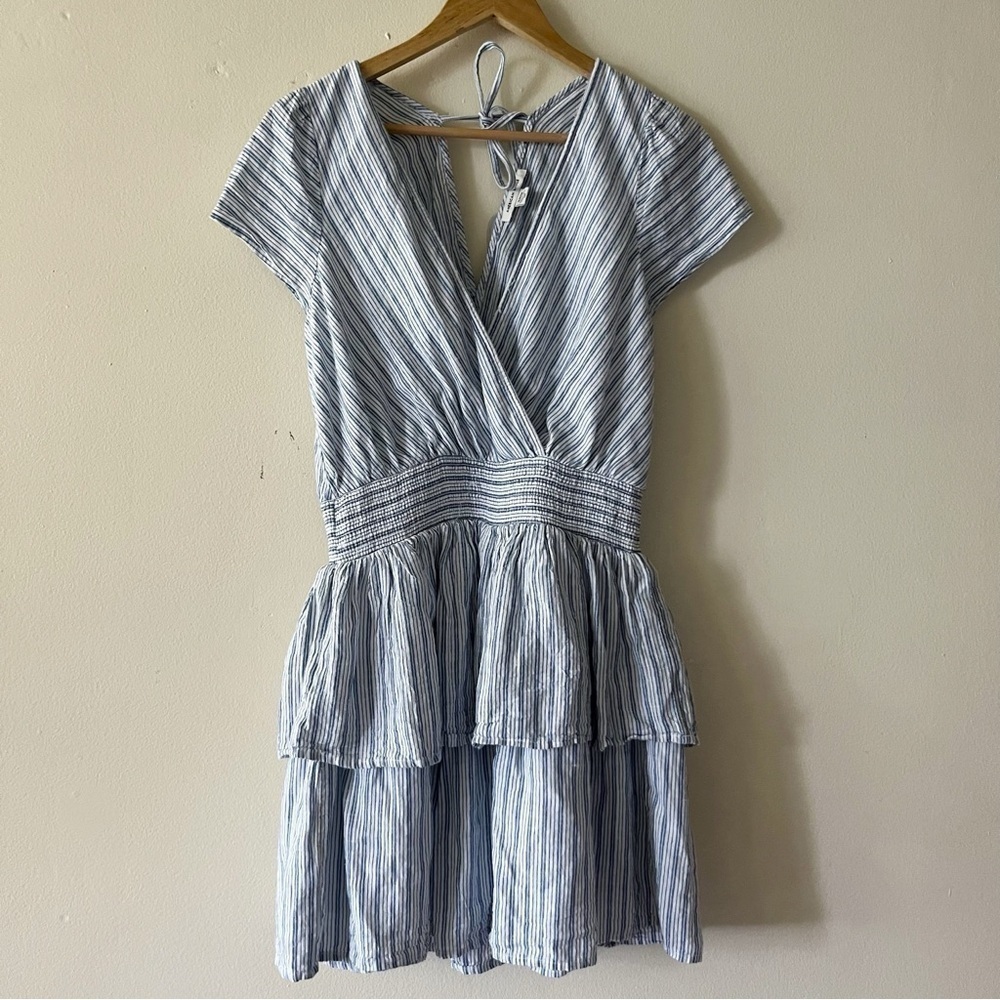 AE Linen Blend V-neck Blue White Pinstripe Tiered Ruffle Mini Dress Small